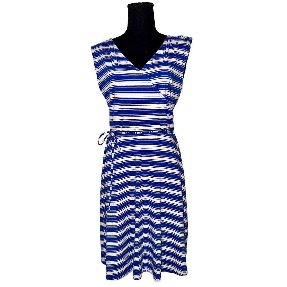 Talbots‎ Medium Faux Wrap Blue & White Striped Sleeveless Cotton Modal Sundress